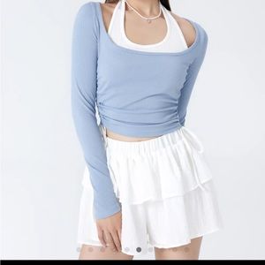 Scoop neckline drawstring long sleeve crop top